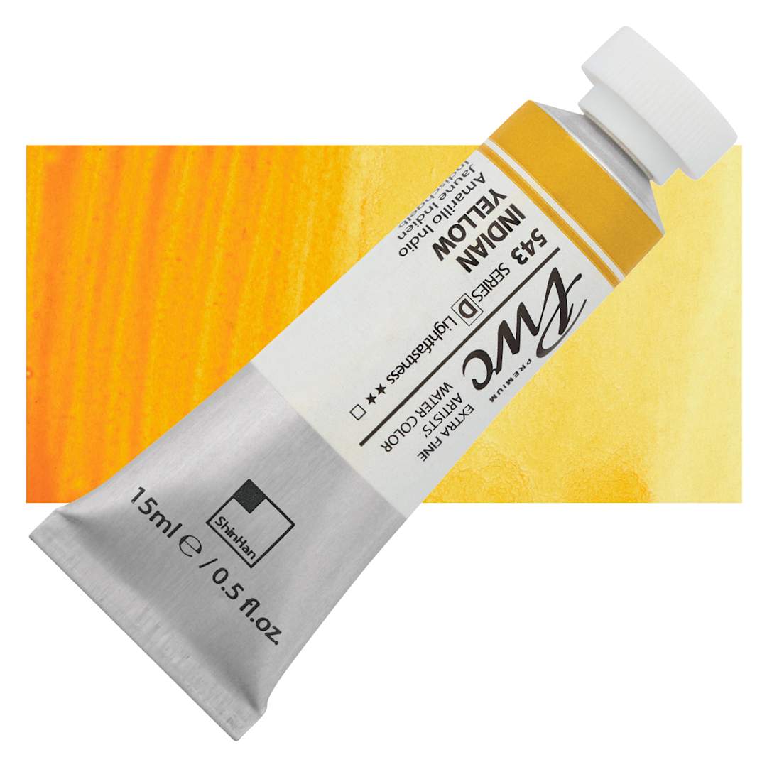 Open in modal - PWC Extra Fine Professional Watercolor - Indian Yellow, 15 ml, Tube and swatch
