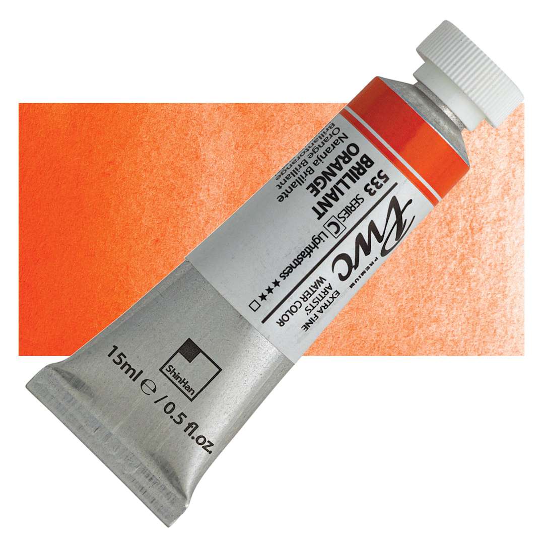Open in modal - PWC Extra Fine Professional Watercolor - Brilliant Orange, 15 ml, Tube and swatch