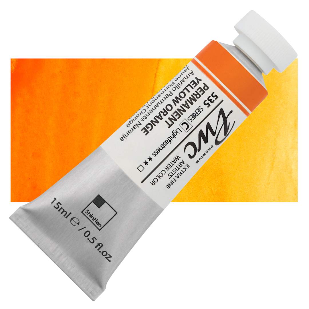 Open in modal - PWC Extra Fine Professional Watercolor - Permanent Yellow Orange, 15 ml, Tube and swatch