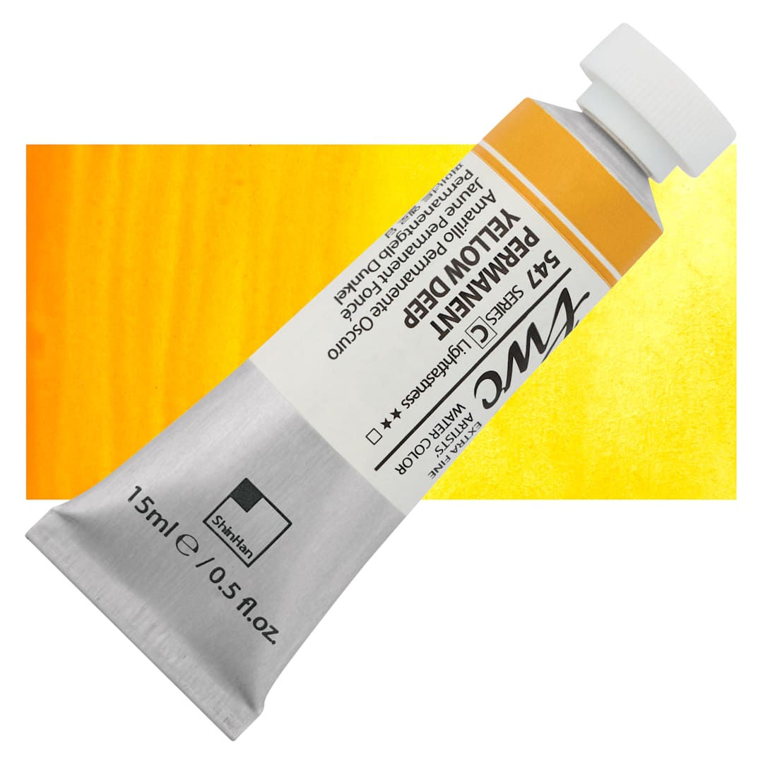 Open in modal - PWC Extra Fine Professional Watercolor - Permanent Yellow Deep, 15 ml, Tube and swatch