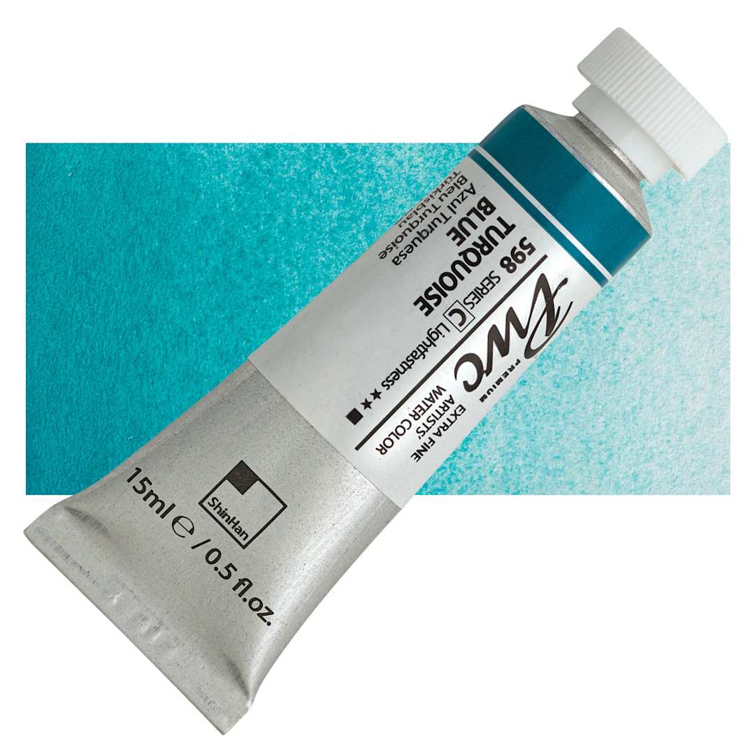 Open in modal - PWC Extra Fine Professional Watercolor - Turquoise Blue, 15 ml, Swatch with Tube