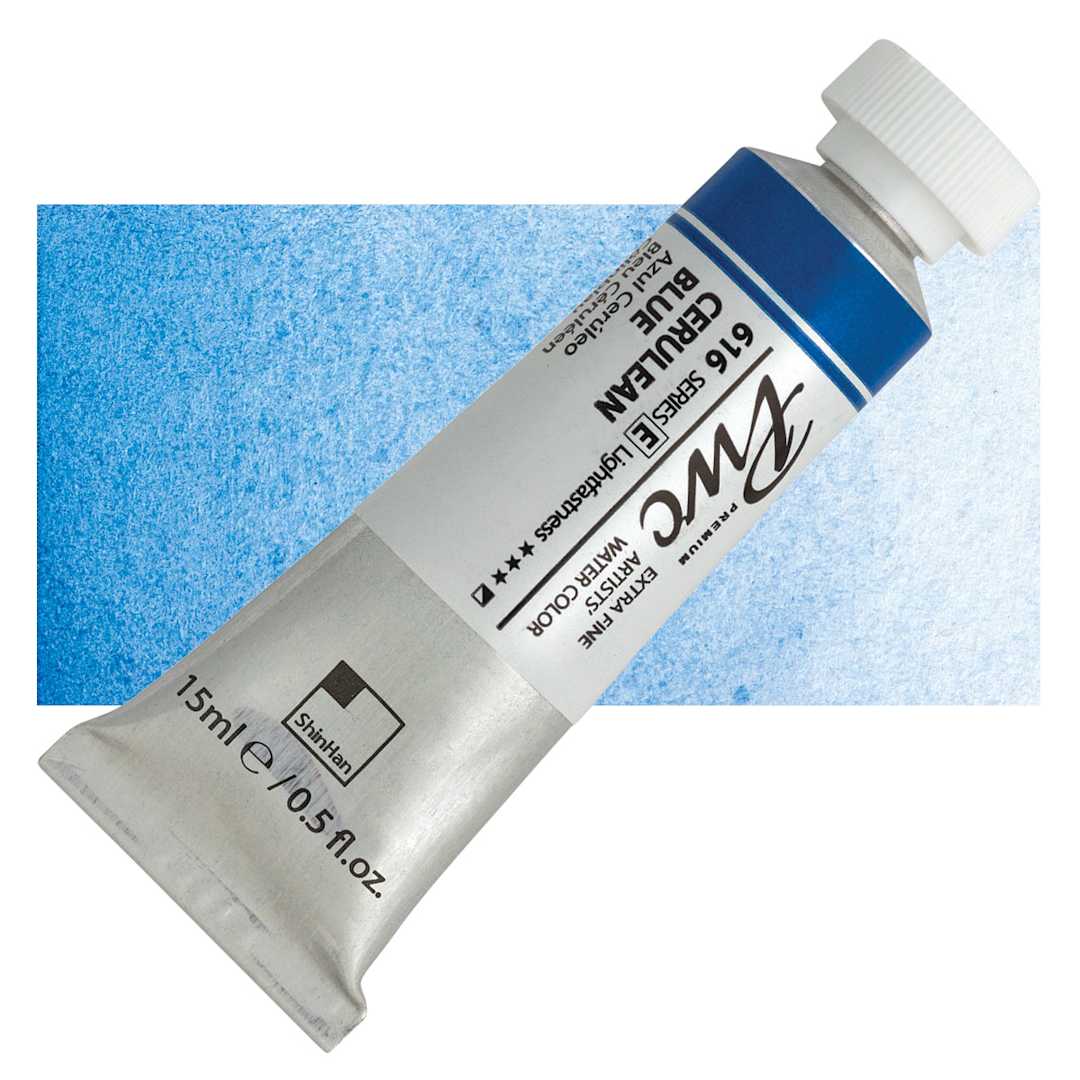 Open in modal - PWC Extra Fine Professional Watercolor - Cerulean Blue, 15 ml, Tube and swatch