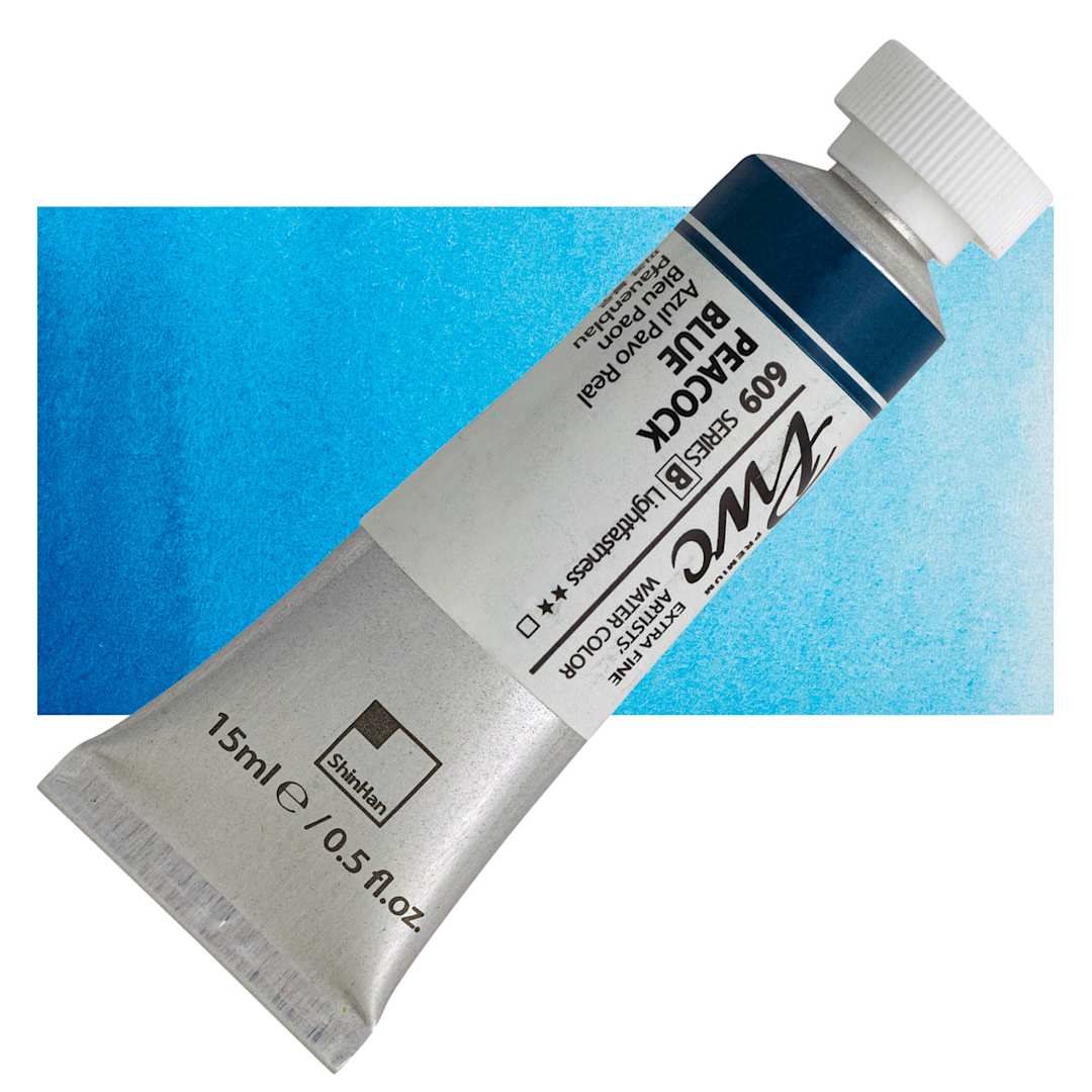 Open in modal - PWC Extra Fine Professional Watercolor - Peacock Blue, 15 ml, Tube and swatch