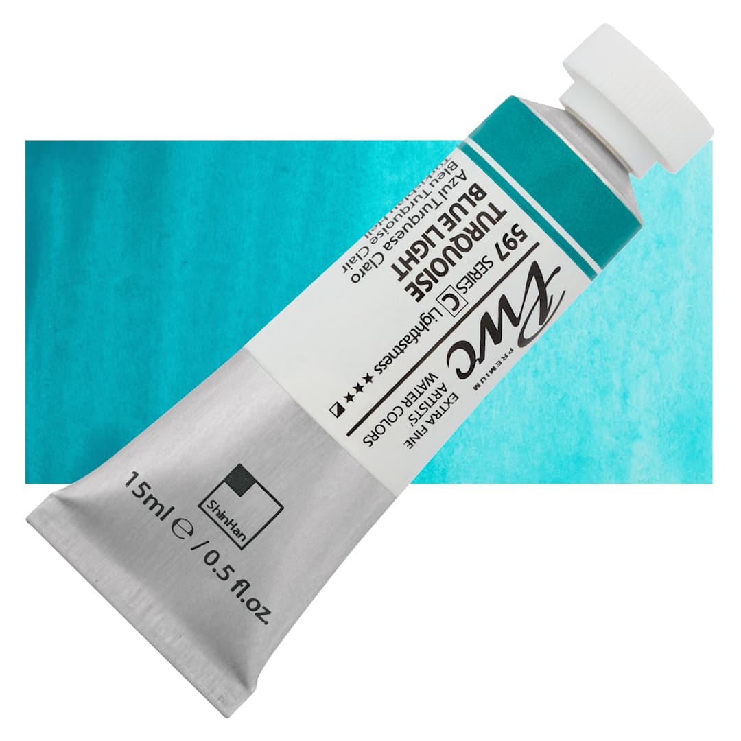 Open in modal - PWC Extra Fine Professional Watercolor - Turquoise Blue Light, 15 ml, Tube and swatch
