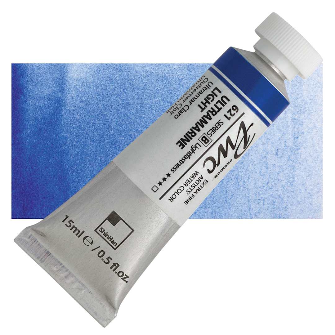 Open in modal - PWC Extra Fine Professional Watercolor - Ultramarine Light, 15 ml, Tube and swatch