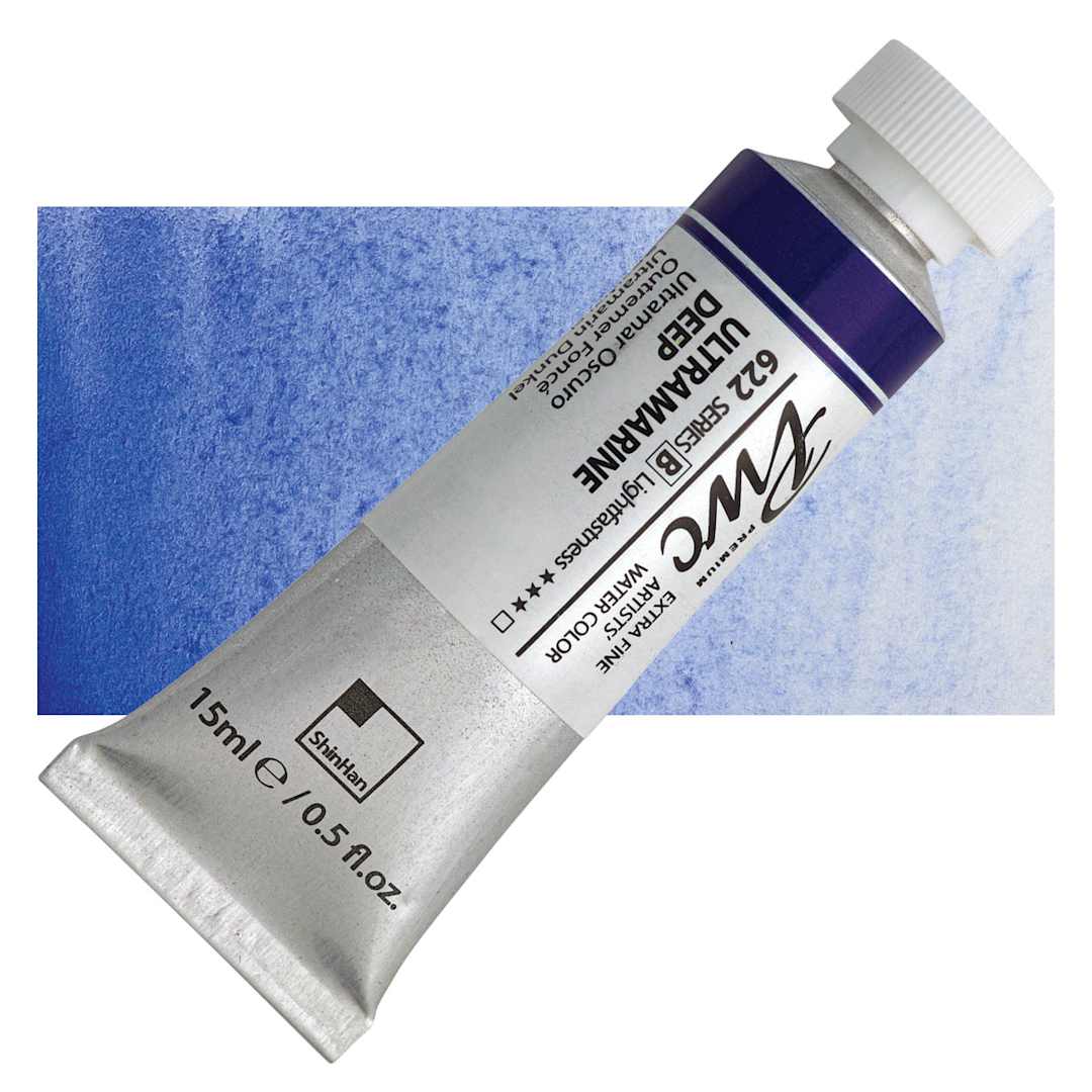 Open in modal - PWC Extra Fine Professional Watercolor - Ultramarine Deep, 15 ml, Tube and swatch