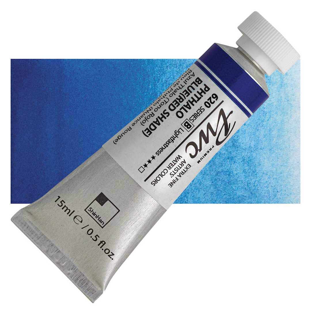 Open in modal - PWC Extra Fine Professional Watercolor - Phthalo Blue (Red Shade), 15 ml, Tube and swatch