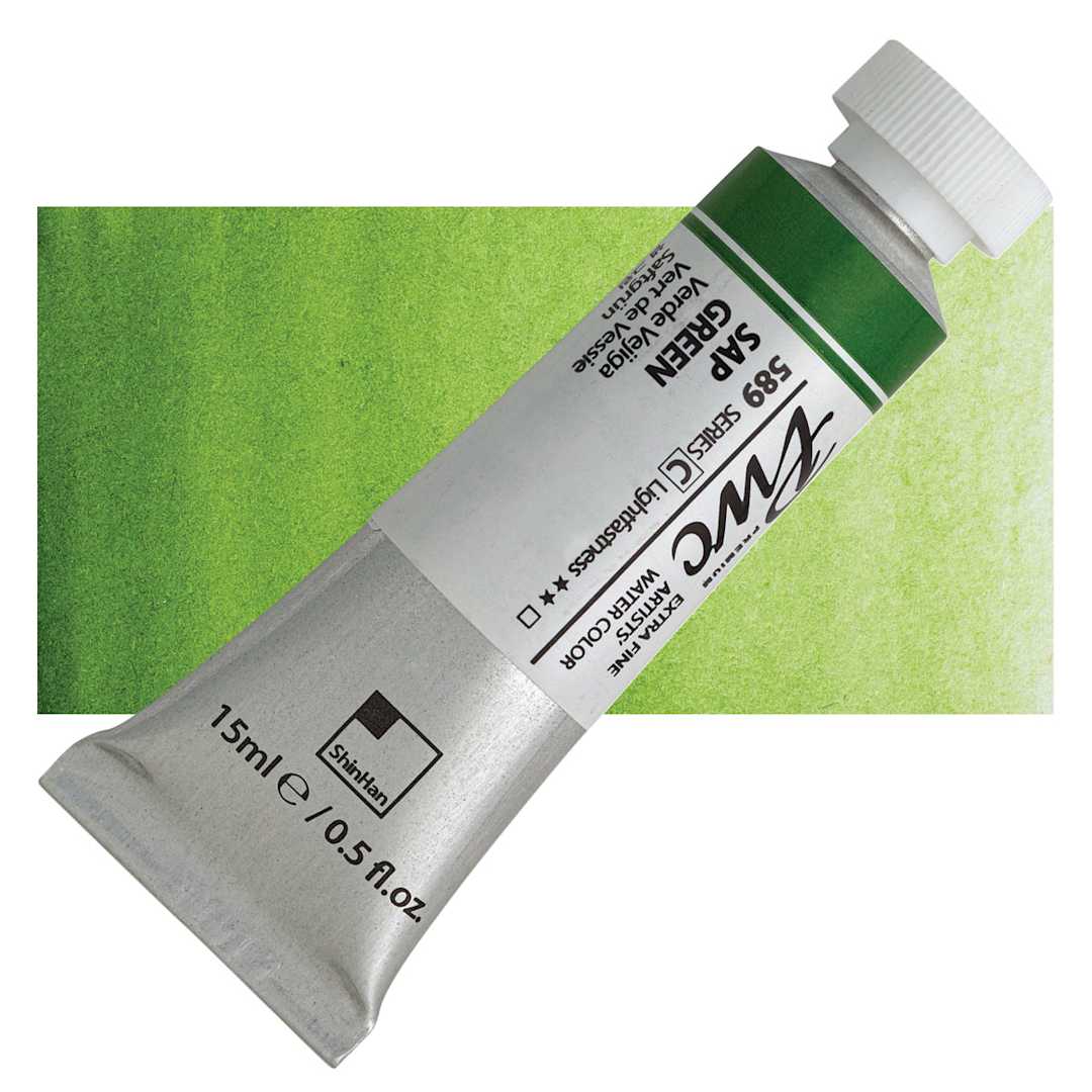 Open in modal - PWC Extra Fine Professional Watercolor - Sap Green, 15 ml, Tube and swatch
