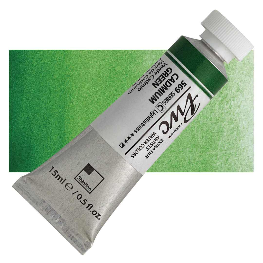 Open in modal - PWC Extra Fine Professional Watercolor - Cadmium Green, 15 ml, Tube and swatch