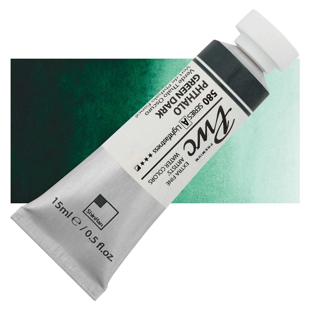 Open in modal - PWC Extra Fine Professional Watercolor - Phthalo Green Dark, 15 ml, Tube and swatch
