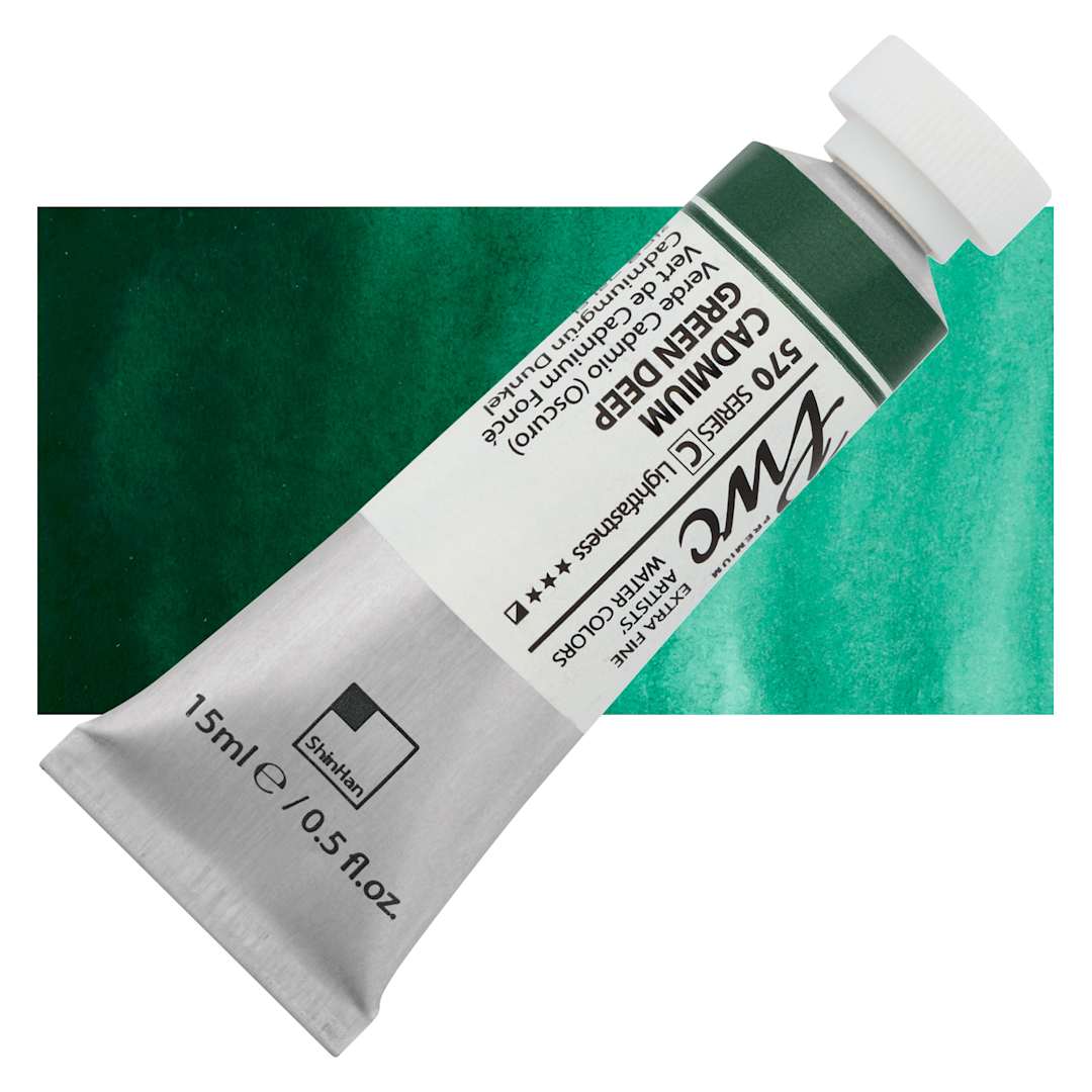 Open in modal - PWC Extra Fine Professional Watercolor - Cadmium Green Deep, 15 ml, Tube and swatch
