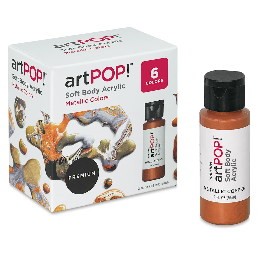 Open in modal - artPOP! Soft Body Acrylic Paint Sets - Set of 6, Metallic Colors, 2 oz bottles (Metallic copper bottle next to package)