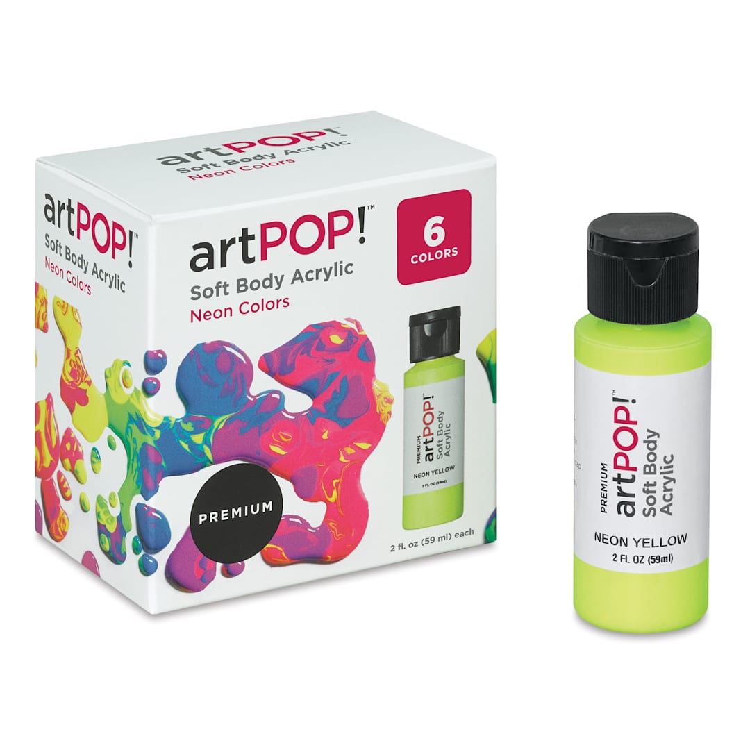 Open in modal - artPOP! Soft Body Acrylic Paint Sets - Set of 6, Neon Colors, 2 oz bottles (Neon yellow bottle out of packaging)