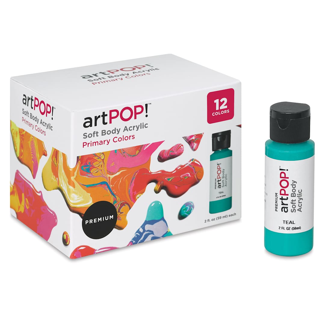 Open in modal - artPOP! Soft Body Acrylic Paint Sets - Set of 12, Primary Colors, 2 oz bottles (Teal bottle next to package)
