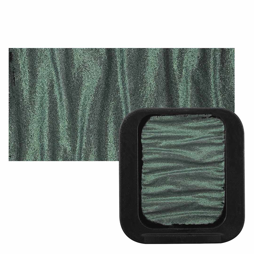 Open in modal - Finetec Premium Watercolor Pan - High Chroma Green (Pearlescent) pan and swatch