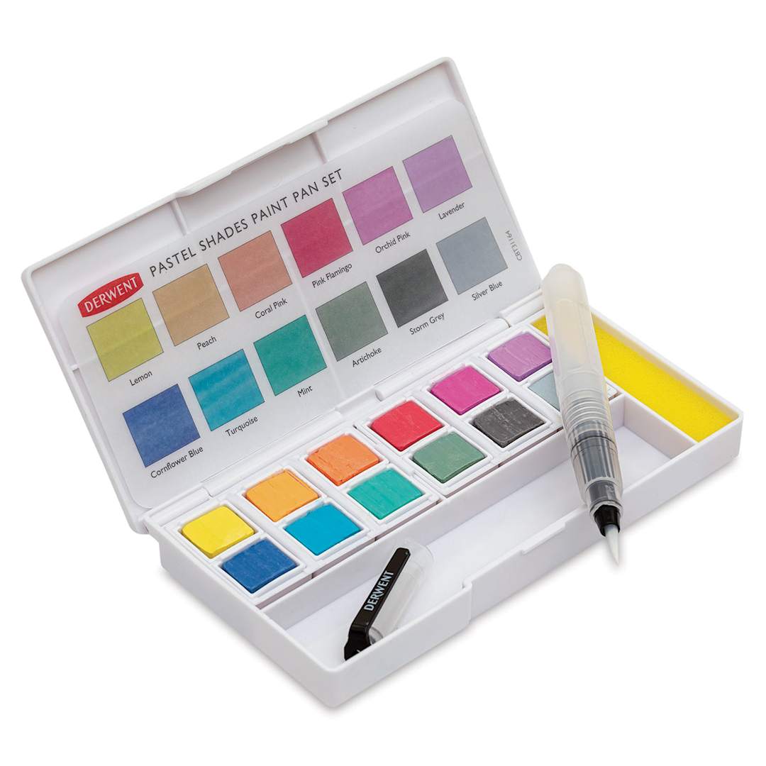 Open in modal - Derwent Watercolor Half Pan Paint - Set of 12 with sponge, Pastels Angled view