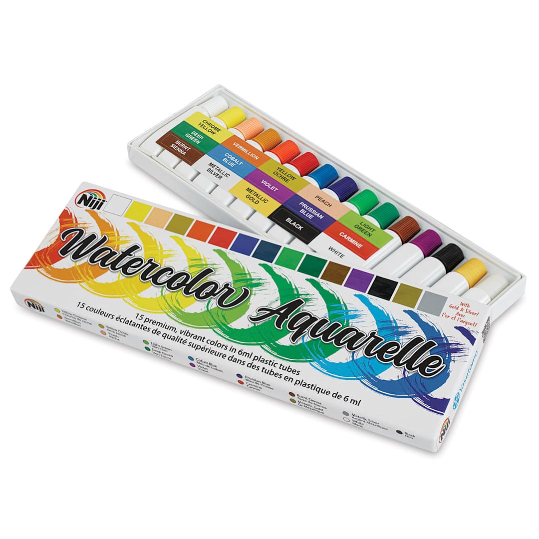 Open in modal - Niji Premier Watercolors- Set of 15 Tubes shown in Tray with Lid adjacent