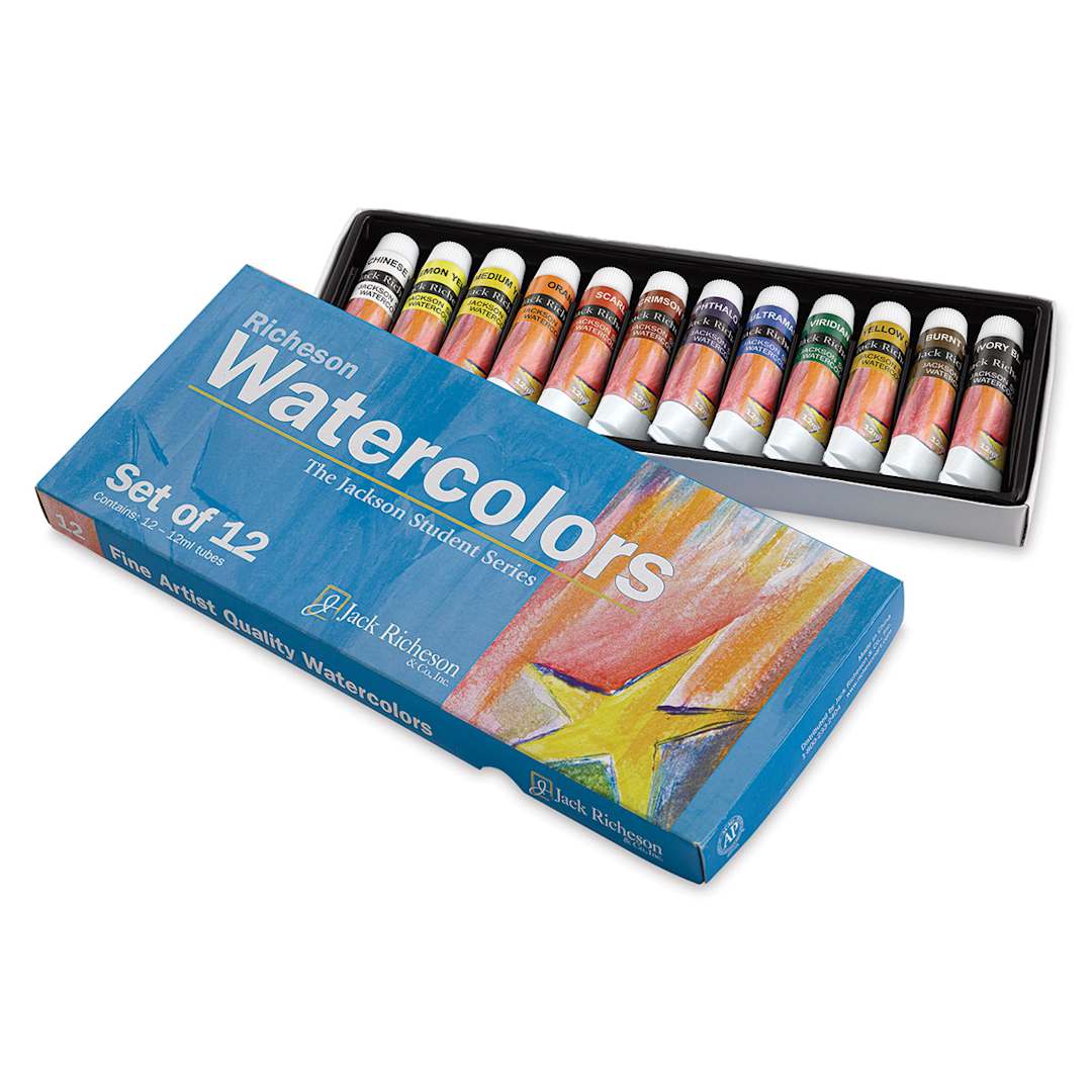Open in modal - Richeson Watercolor Tubes Set - Set of 12, Assorted Colors, 12 ml, Tubes (Tubes in tray, Lid off box)
