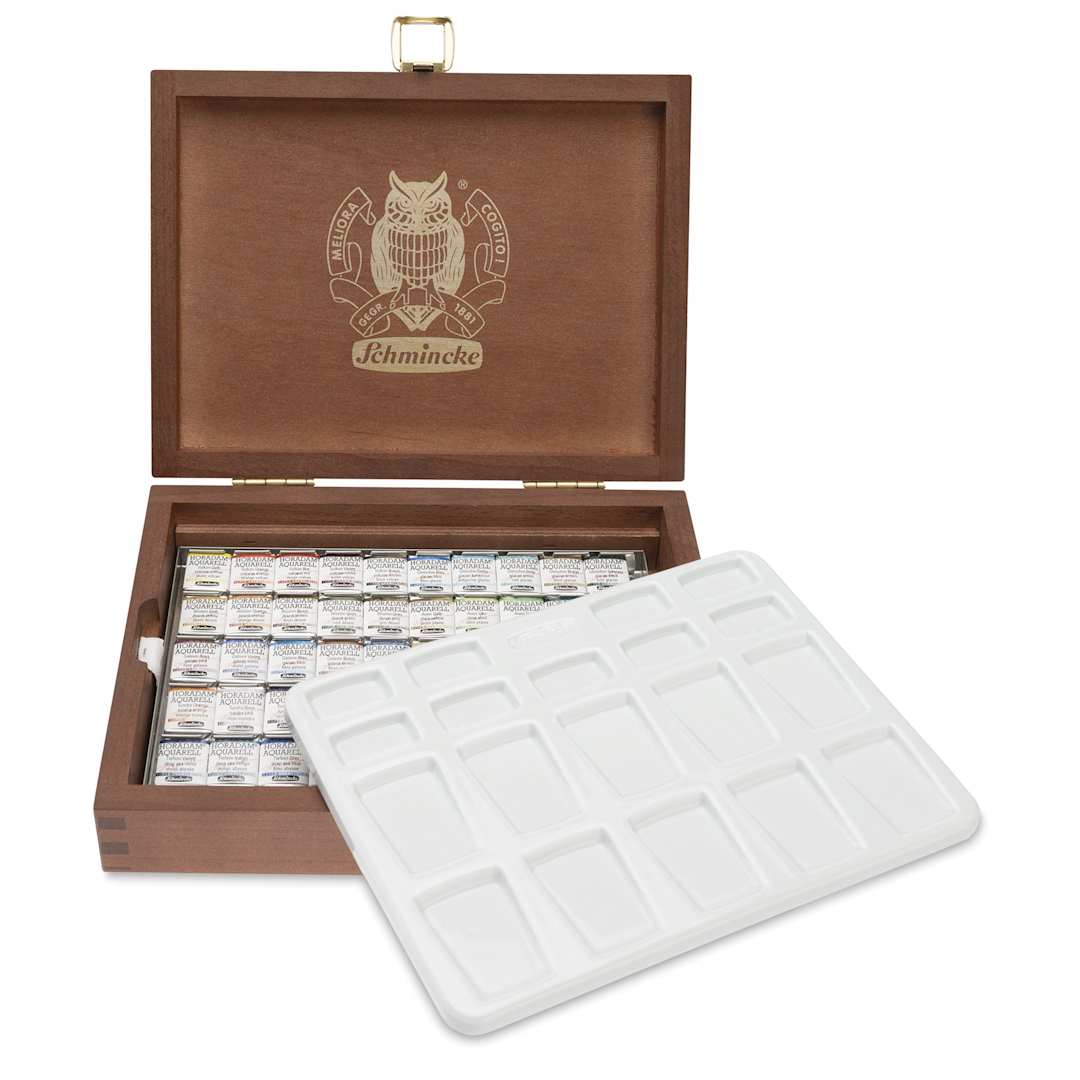 Open in modal - Schmincke Horadam Aquarell Watercolor Pans - Super Granulation Colors, Set of 50, Wood Case, Half pans