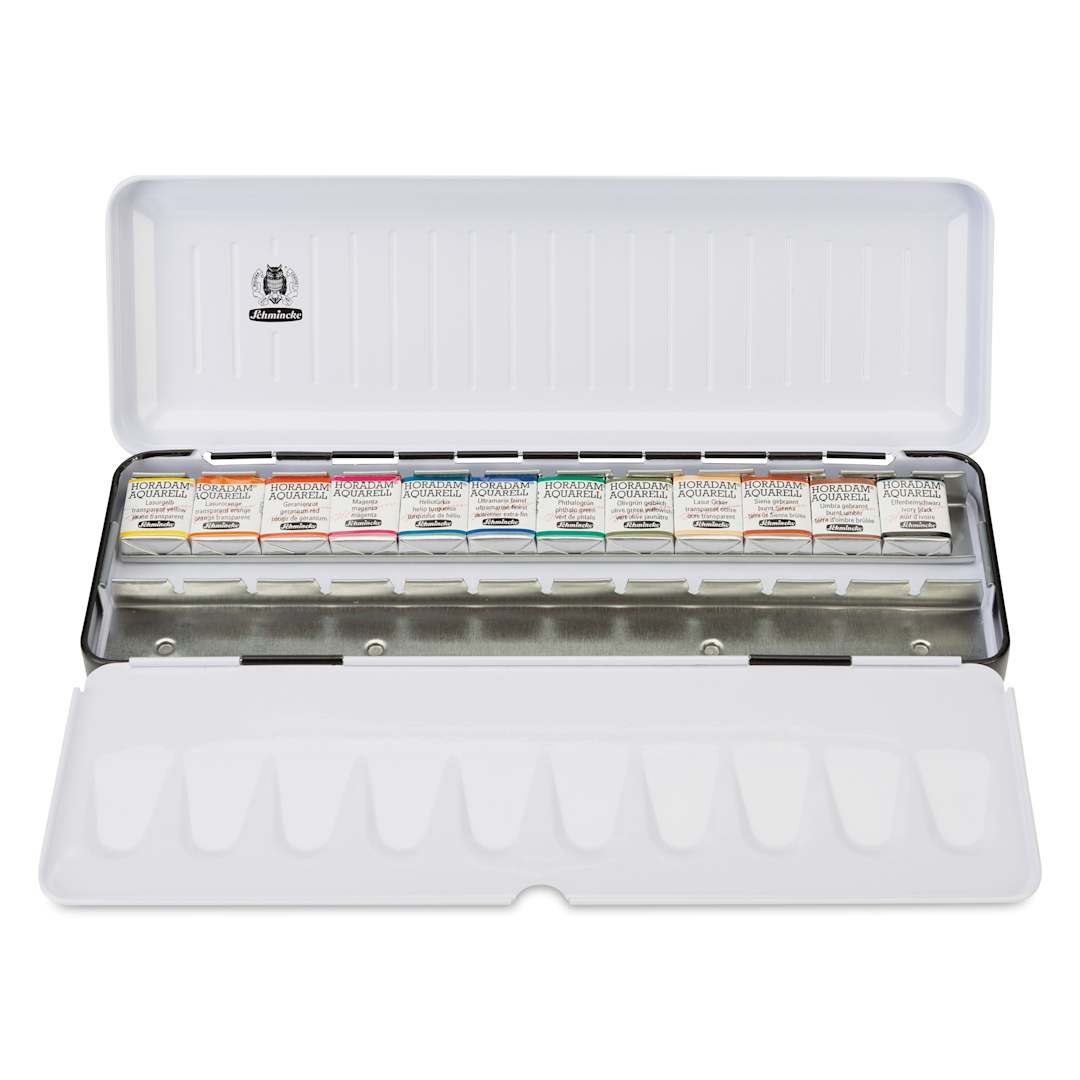 Open in modal - Schmincke Horadam Aquarell Artist Watercolor - Set of 12, Assorted, Half Pans, Special Black Metal Box