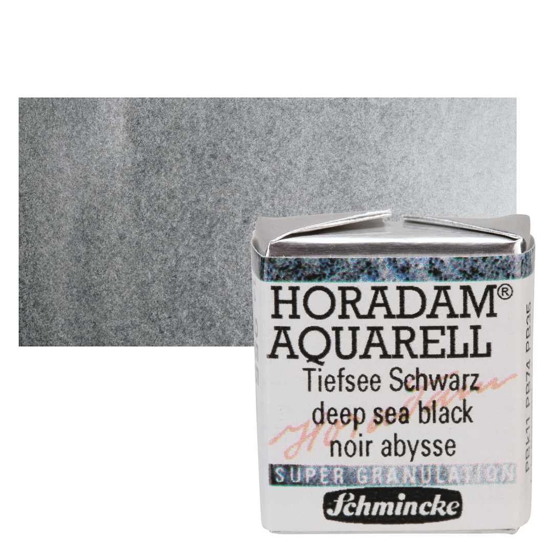 Open in modal - Schmincke Horadam Aquarell Watercolor - Deep Sea Black, Supergranulation, Half Pan and swatch