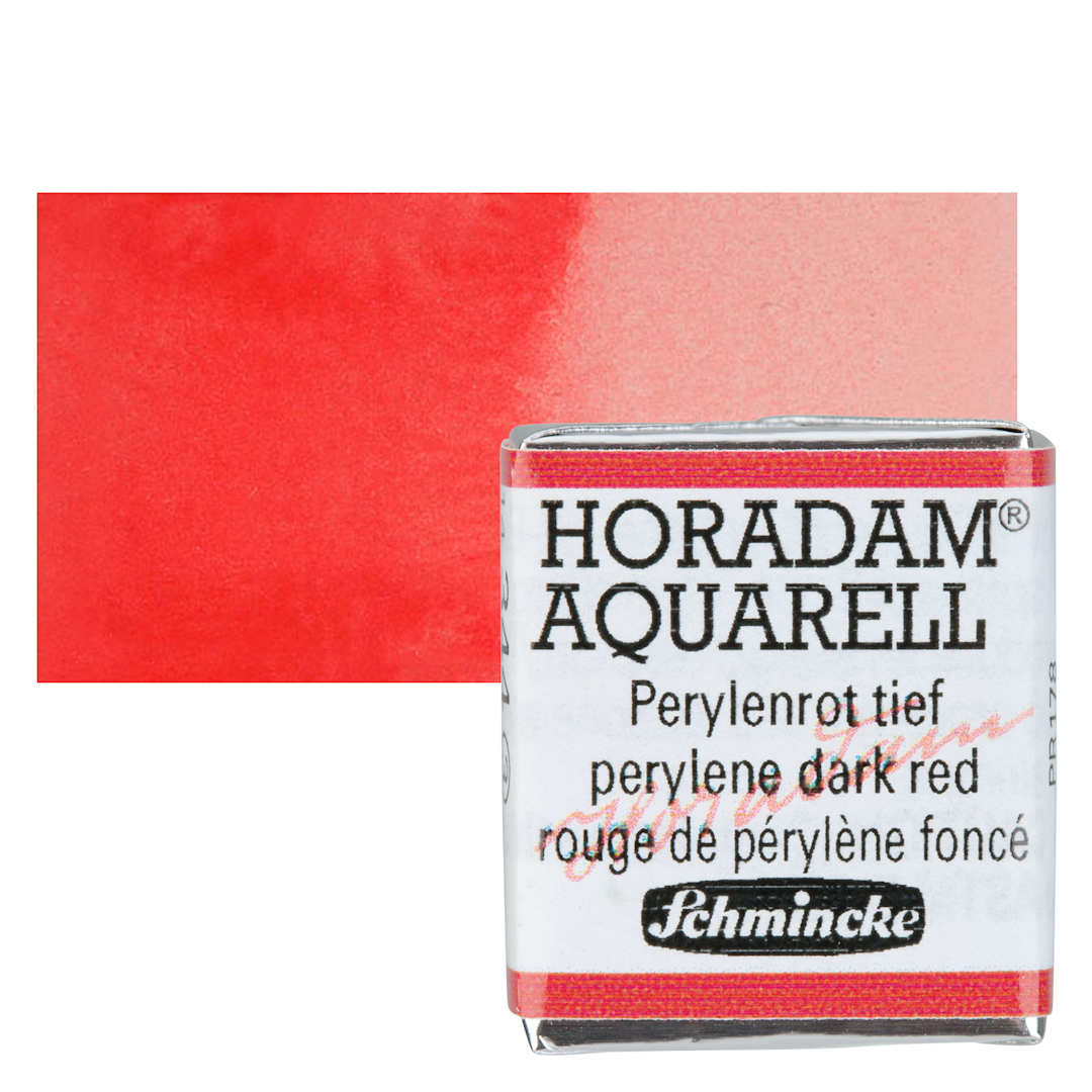 Open in modal - Schmincke Horadam Aquarell Artist Watercolor - Perylene Dark Red, Half Pan and swatch