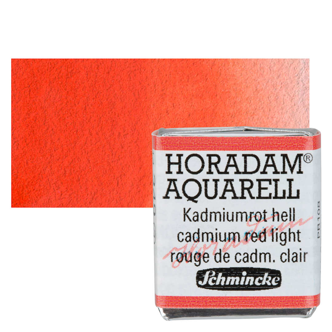 Open in modal - Schmincke Horadam Aquarell Artist Watercolor - Cadmium Red Light, Half Pan and swatch