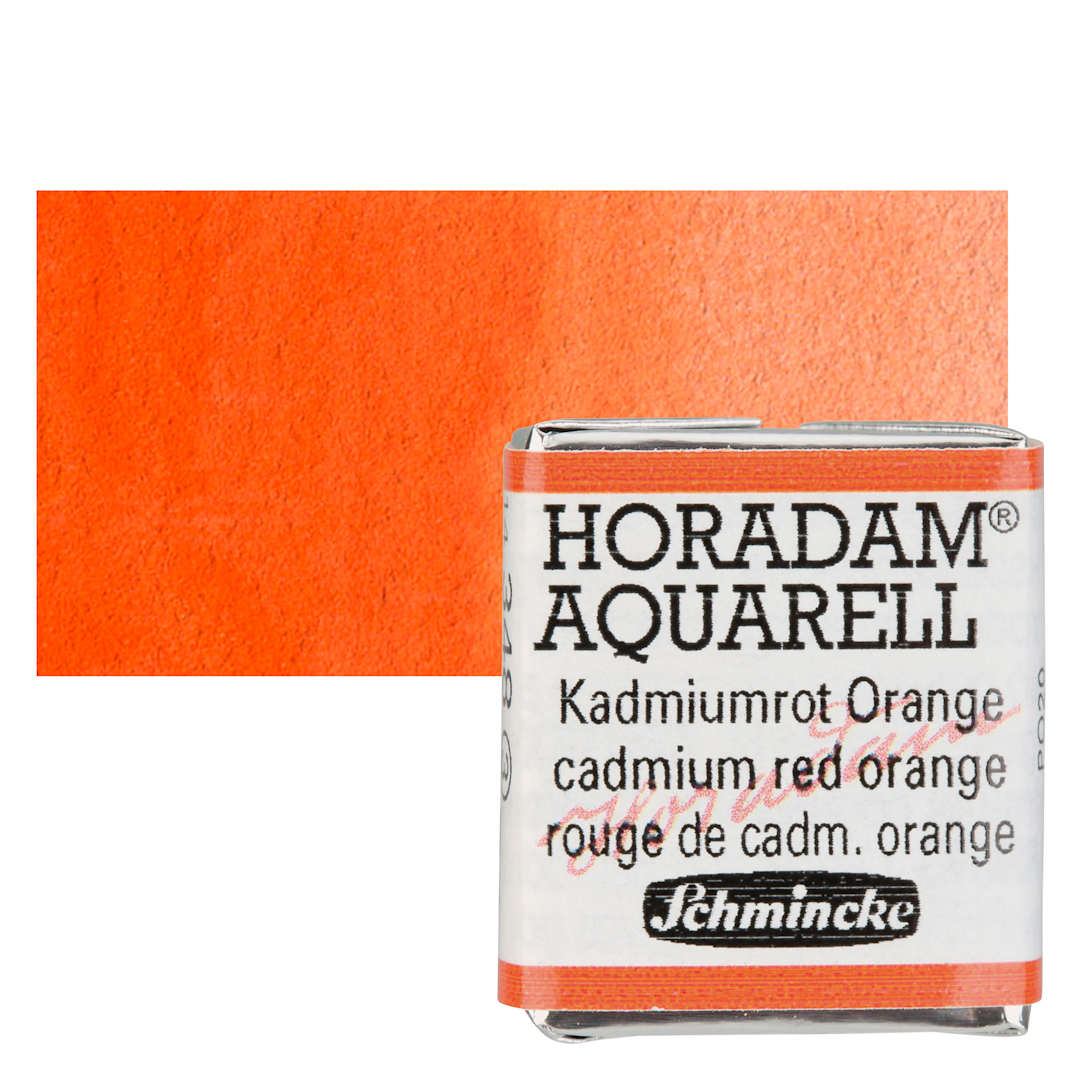 Open in modal - Schmincke Horadam Aquarell Watercolor - Cadmium Red Orange, Half Pan and swatch