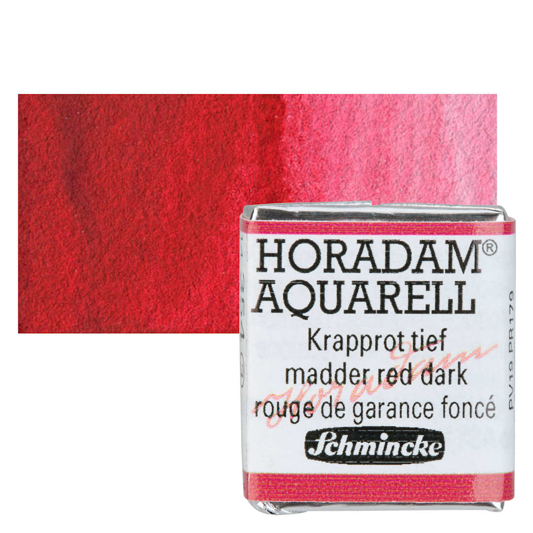 Open in modal - Schmincke Horadam Aquarell Artist Watercolor - Madder Red Dark, Half Pan and swatch
