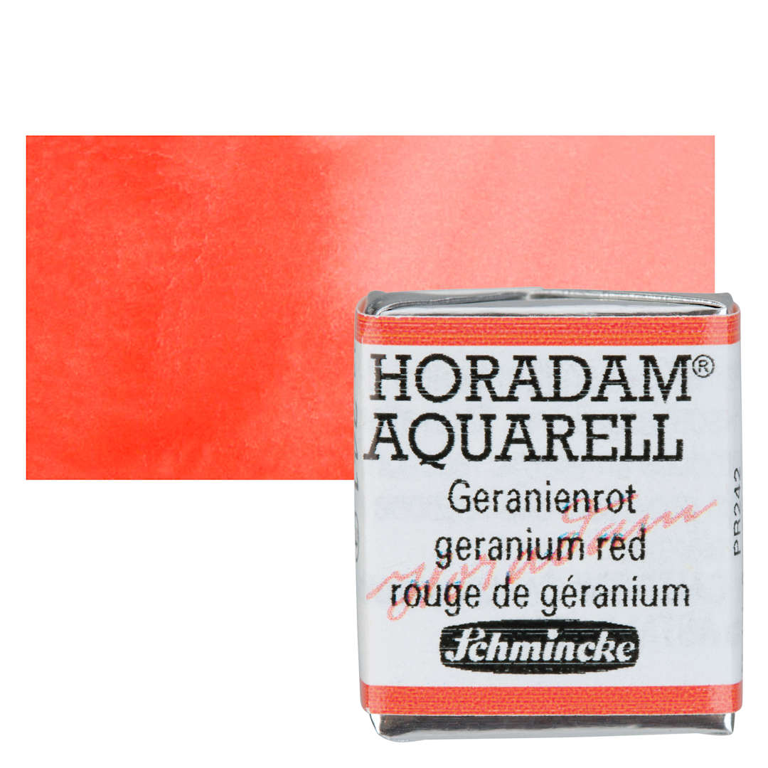Open in modal - Schmincke Horadam Aquarell Artist Watercolor - Geranium Red, Half Pan and swatch