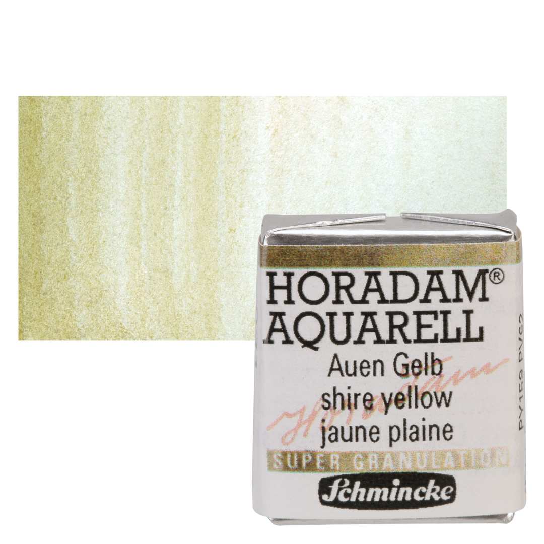 Open in modal - Schmincke Horadam Aquarell Artist Watercolor - Shire Yellow, Supergranulation, Half Pan and swatch