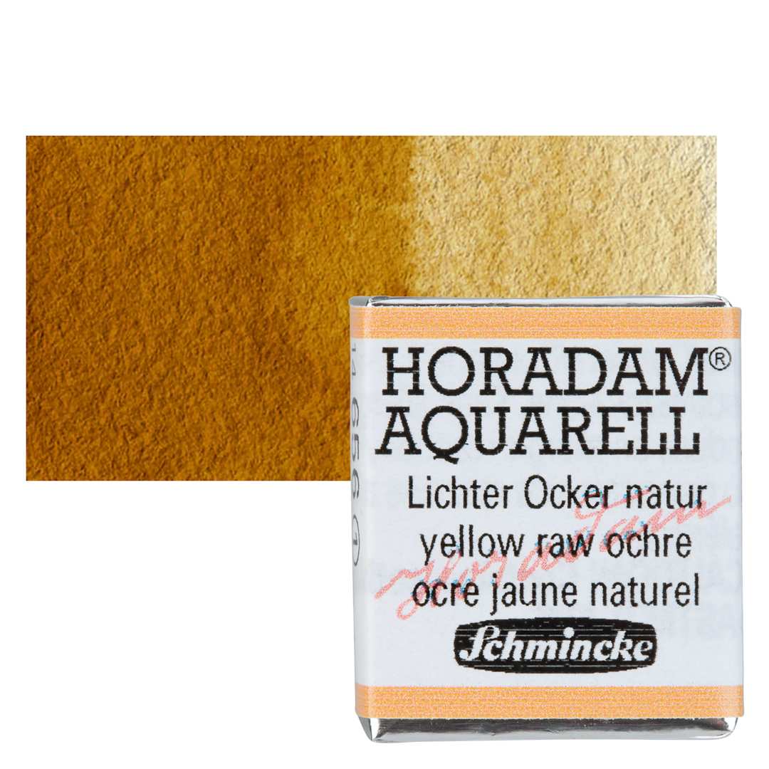Open in modal - Schmincke Horadam Aquarell Watercolor - Yellow Raw Ochre, Half Pan and swatch