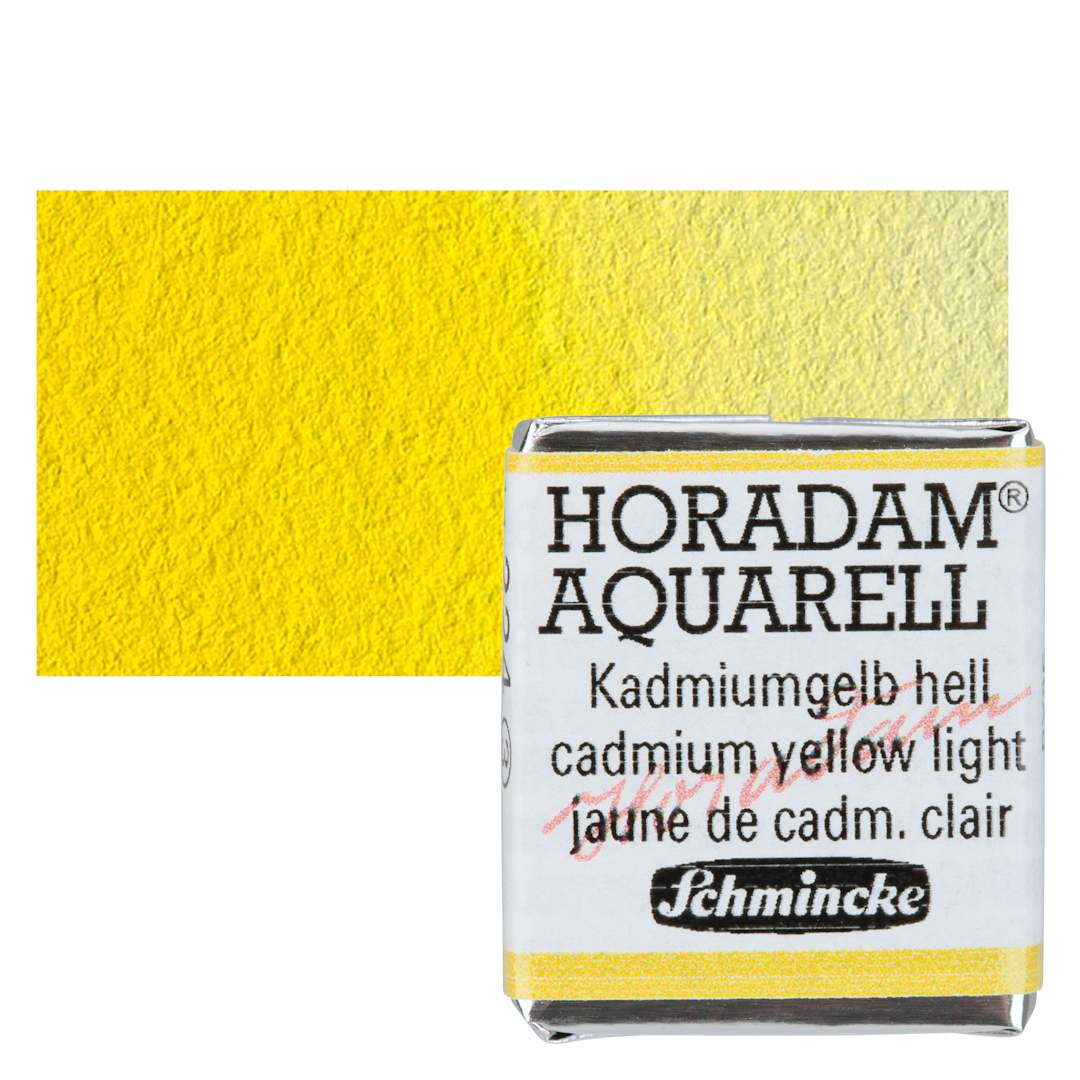 Open in modal - Schmincke Horadam Aquarell Artist Watercolor - Cadmium Yellow Light, Half Pan and swatch