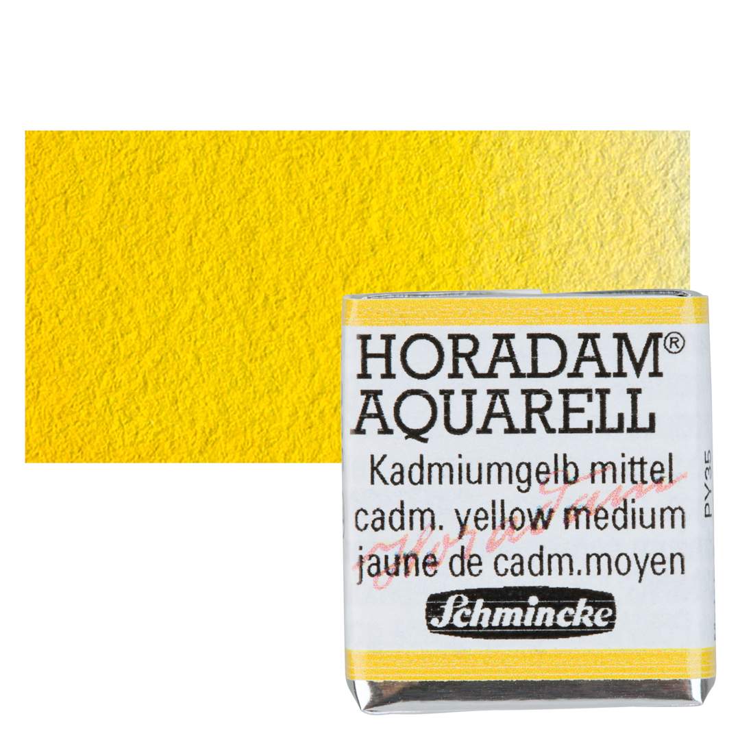 Open in modal - Schmincke Horadam Aquarell Artist Watercolor - Cadmium Yellow Medium, Half Pan and swatch