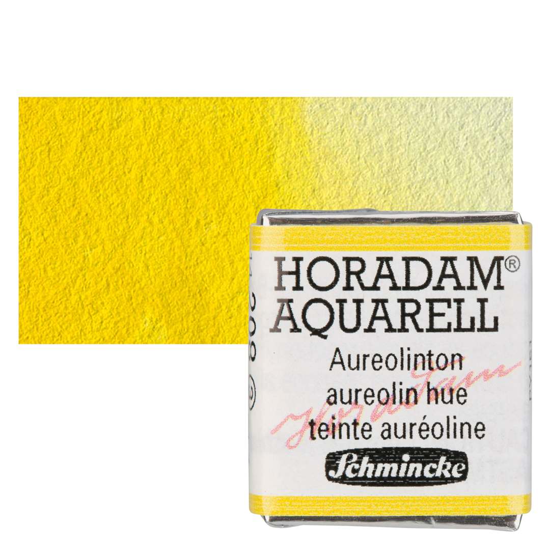 Open in modal - Schmincke Horadam Aquarell Watercolor - Aureolin Hue, Half Pan and swatch