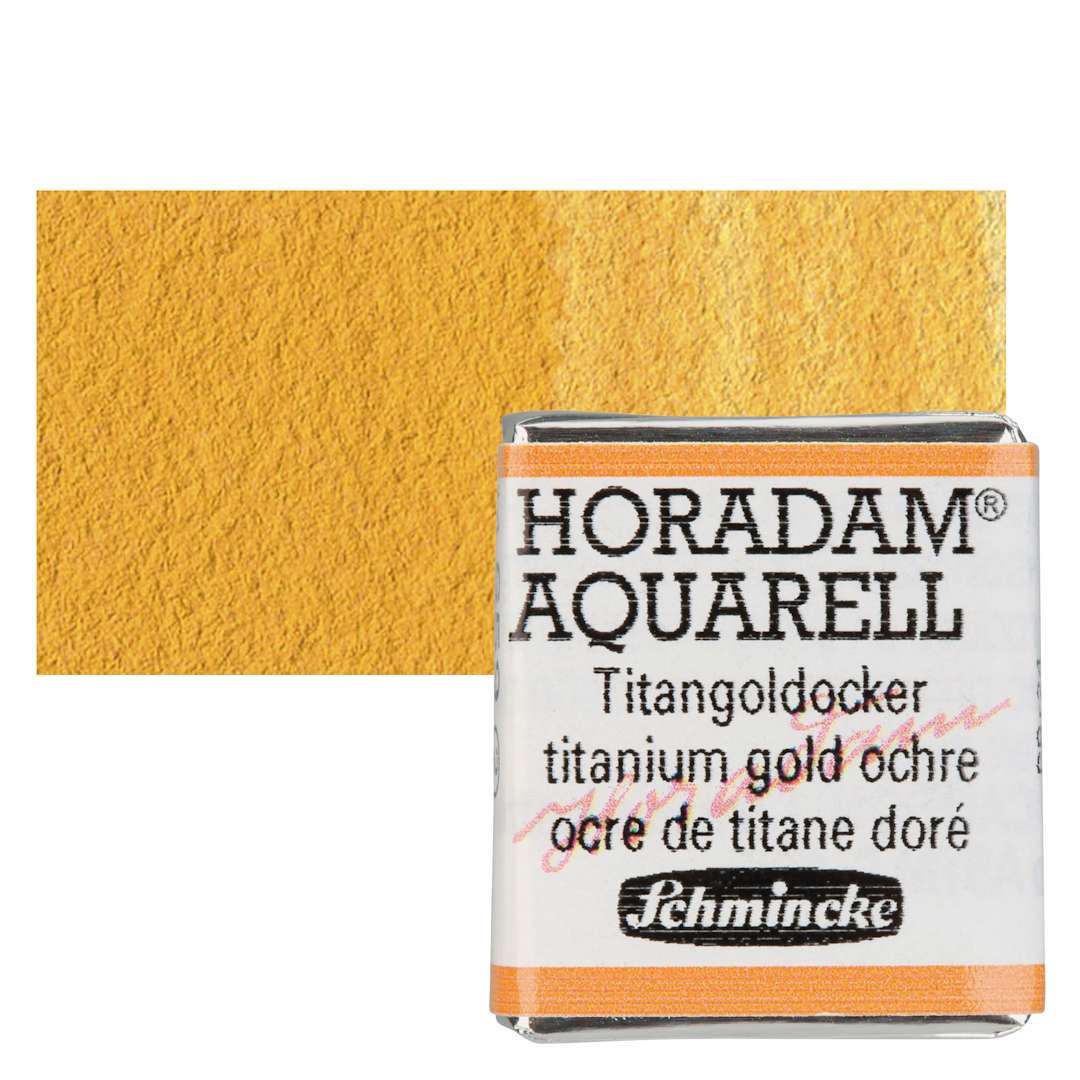 Open in modal - Schmincke Horadam Aquarell Watercolor - Titanium Gold Ochre, Half Pan and swatch