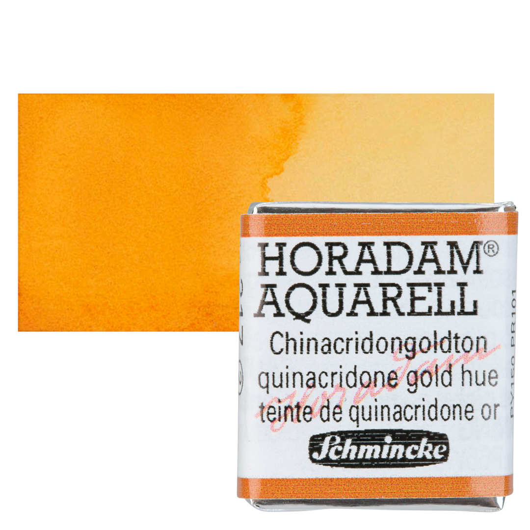 Open in modal - Schmincke Horadam Aquarell Watercolor - Quinacridone Gold Hue, Half Pan and swatch