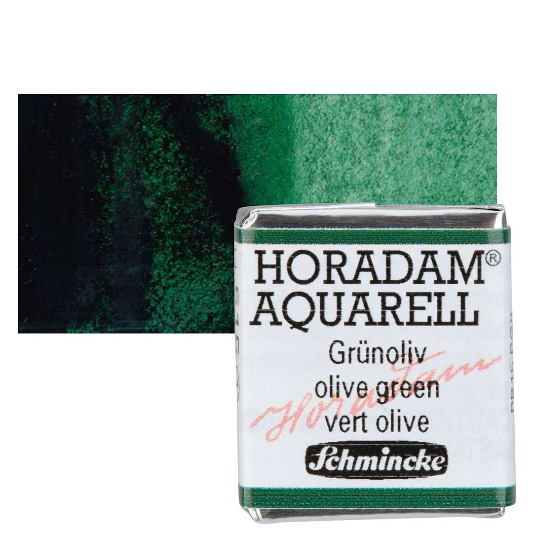 Open in modal - Schmincke Horadam Aquarell Watercolor - Olive Green, Half Pan and swatch