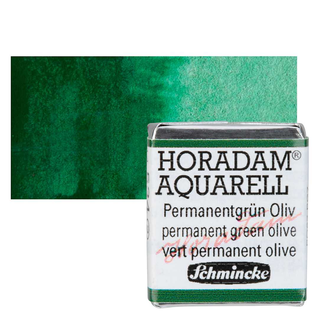 Open in modal - Schmincke Horadam Aquarell Watercolor - Permanent Green Olive, Half Pan and swatch