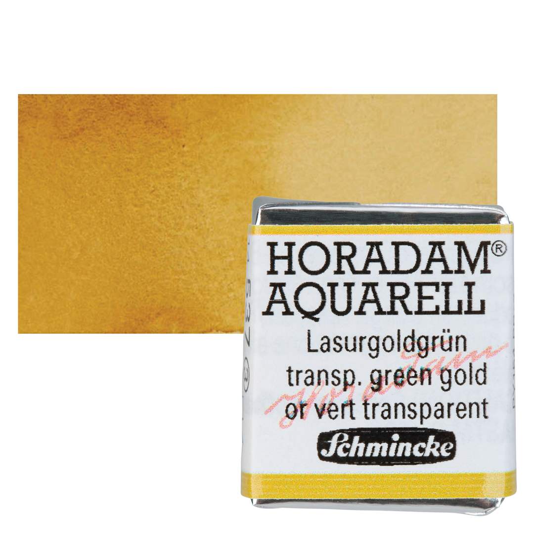 Open in modal - Schmincke Horadam Aquarell Watercolor - Transparent Green Gold, Half Pan and swatch