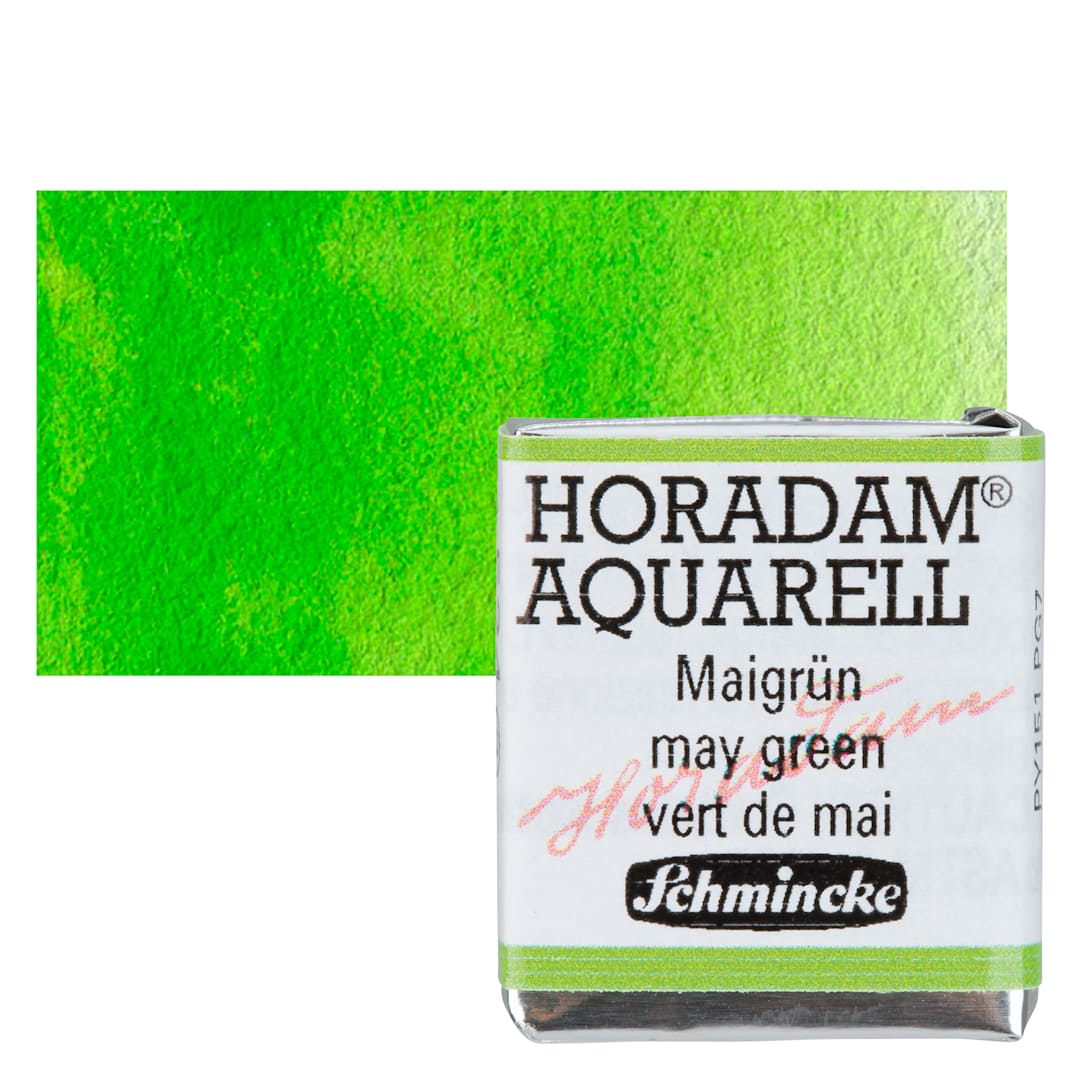 Open in modal - Schmincke Horadam Aquarell Watercolor - May Green, Half Pan and swatch