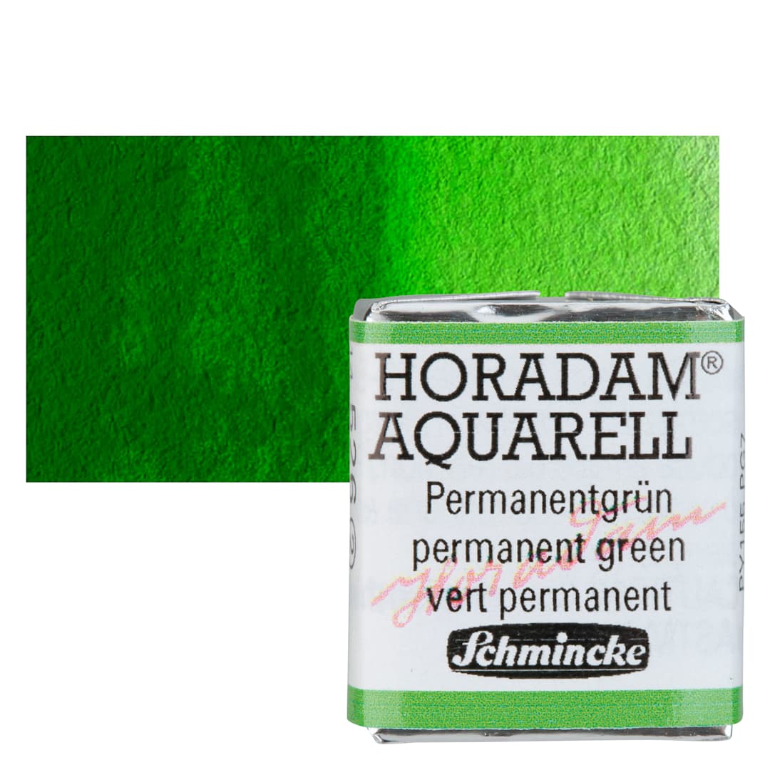 Open in modal - Schmincke Horadam Aquarell Watercolor - Permanent Green, Half Pan and swatch