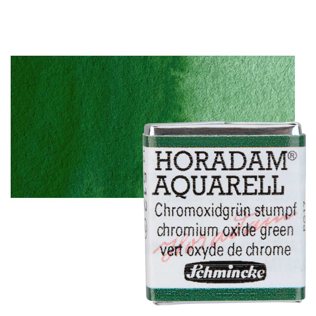 Open in modal - Schmincke Horadam Aquarell Watercolor - Chromium Oxide Green, Half Pan and swatch