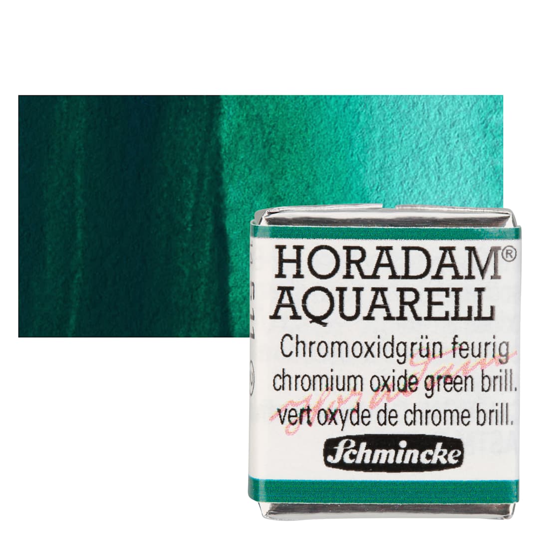 Open in modal - Schmincke Horadam Aquarell Watercolor - Chromium Oxide Green Brilliant, Half Pan and swatch