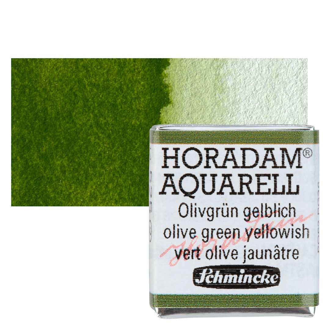 Open in modal - Schmincke Horadam Aquarell Watercolor - Olive Green Yellowish, Half Pan and swatch