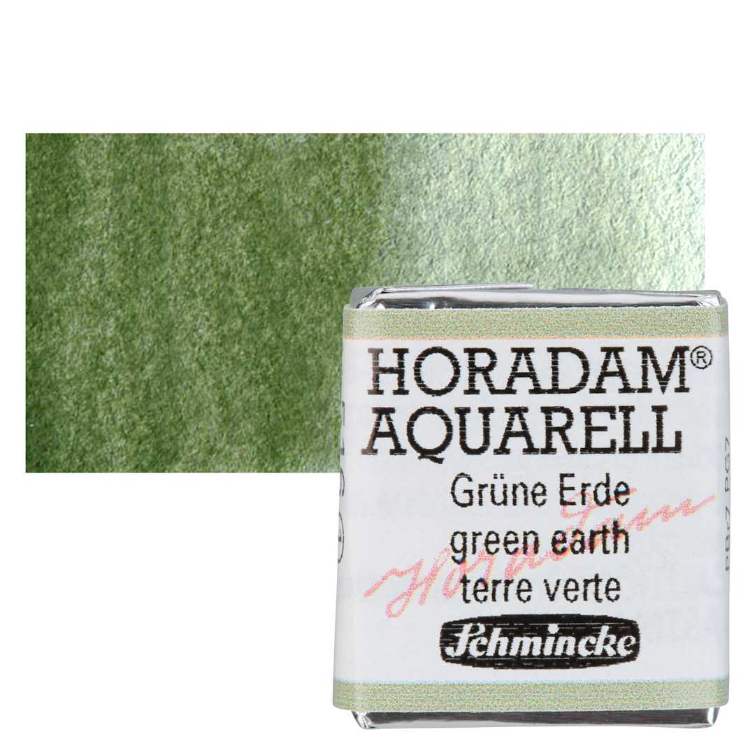 Open in modal - Schmincke Horadam Aquarell Artist Watercolor - Green Earth, Half Pan and swatch
