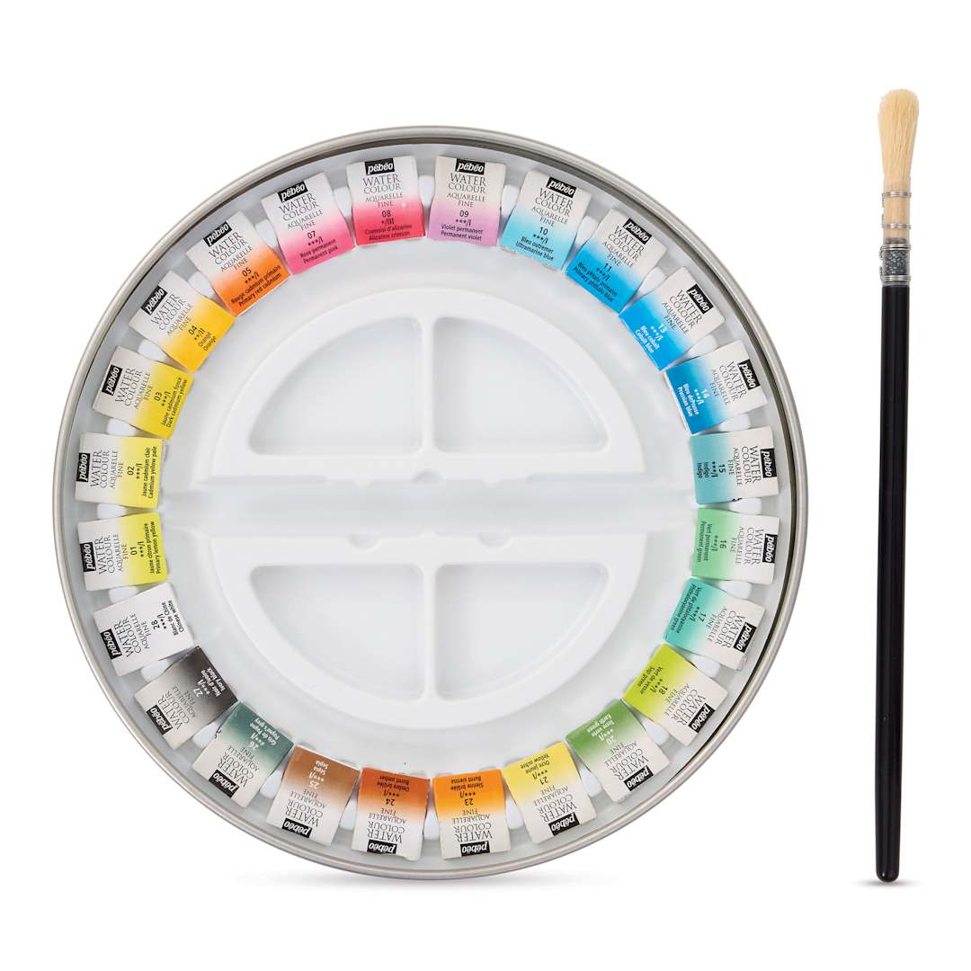 Open in modal - Pebeo Fine Watercolor Half Pan Set -  Set of 24, Round Metal Box with Brush (Brush next to set)