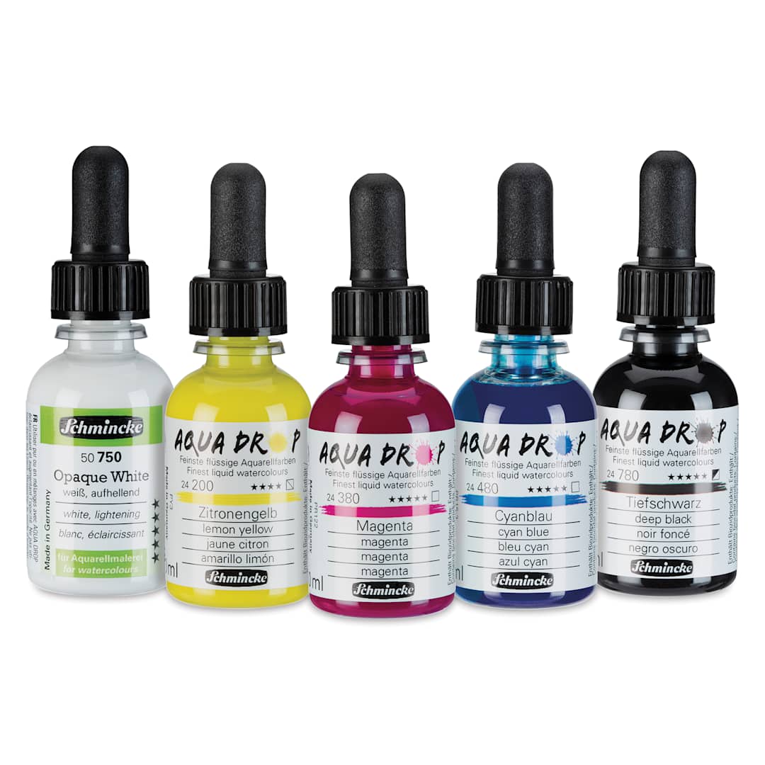 Open in modal - Schmincke Aqua Drop Watercolors - Set of 5, 30 ml Bottles out of package