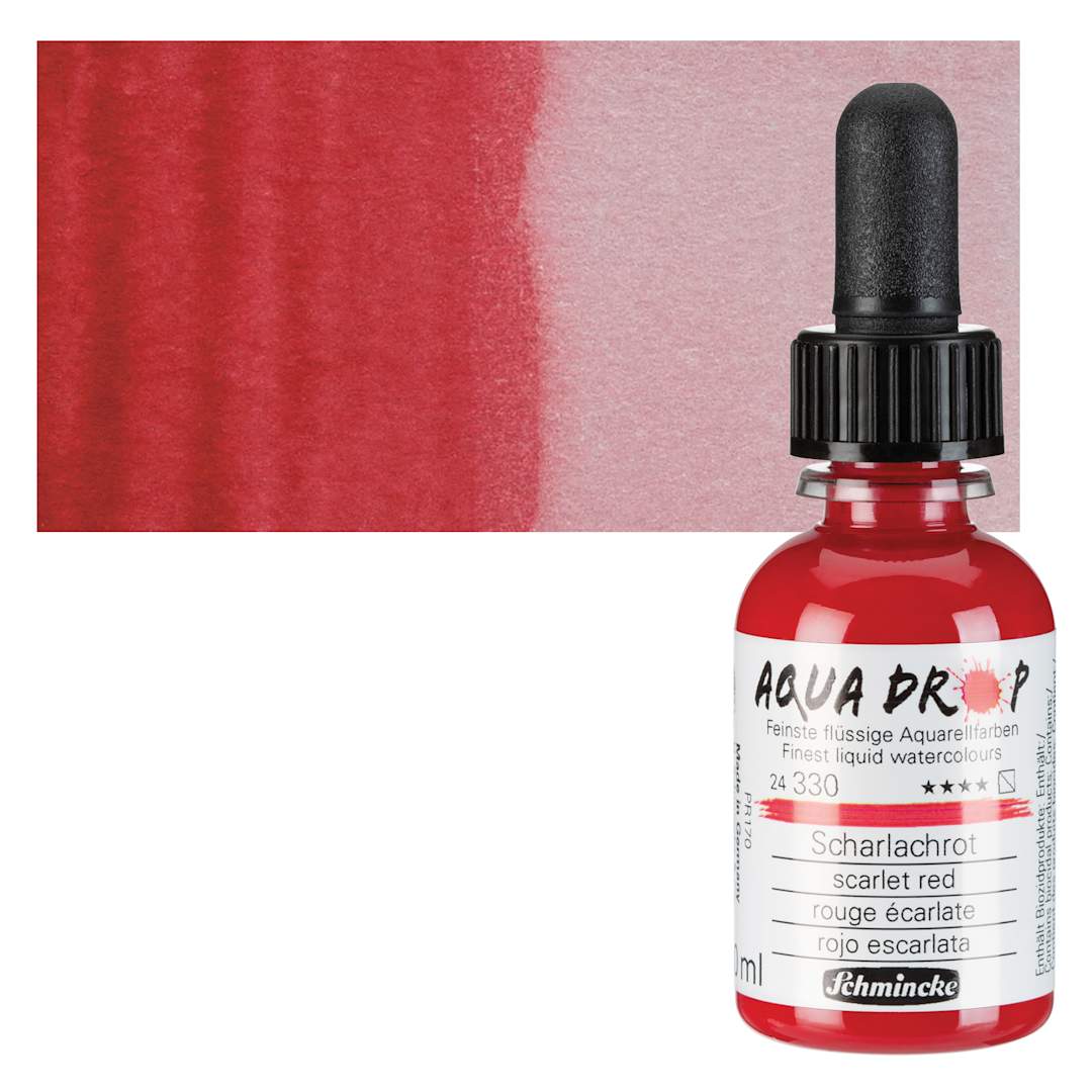 Open in modal - Schmincke Aqua Drop Watercolor - Scarlet Red, 30 ml bottle and swatch