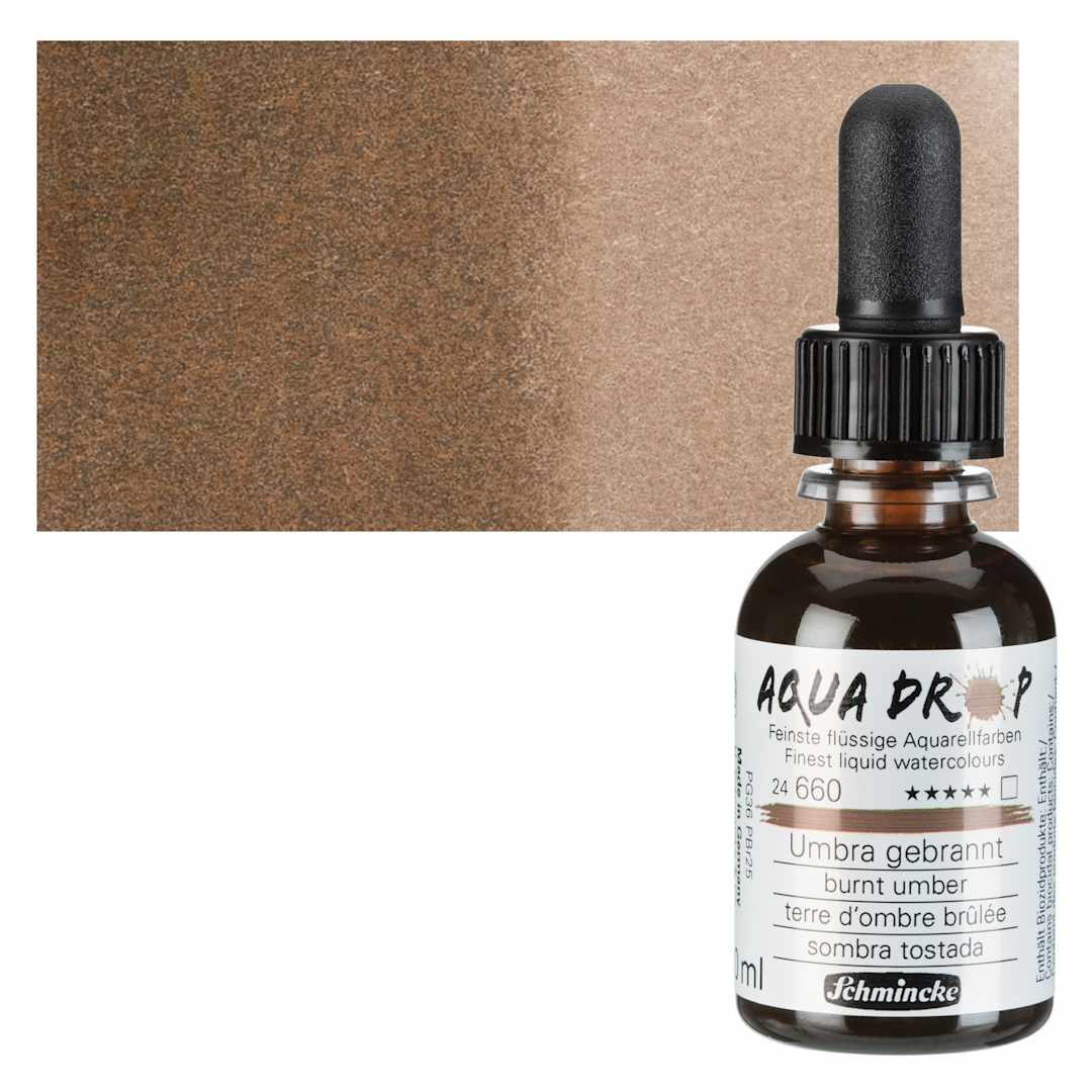 Open in modal - Schmincke Aqua Drop Watercolor - Burnt Umber, 30 ml bottle and swatch